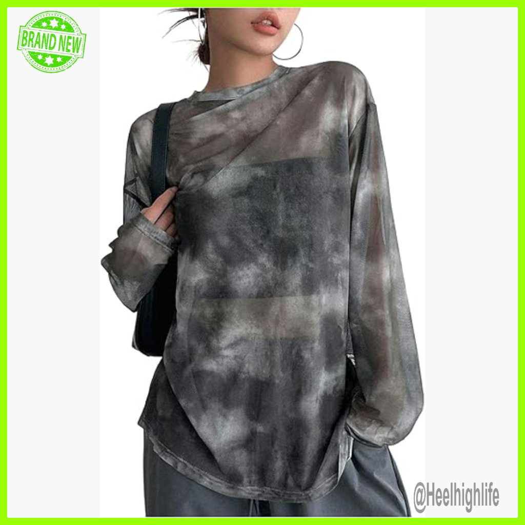 Oversized Long Sleeve Mesh T-Shirt Sheer Y2k Streetwear Top